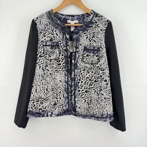 Chicos Animal Print Jacket Black Purple Leopard Paisley Open Front Chic Eclectic